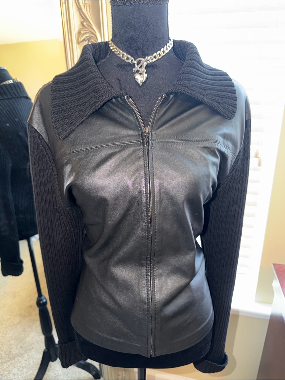 Black Leather Zip-Front Jacket with Knit Trim